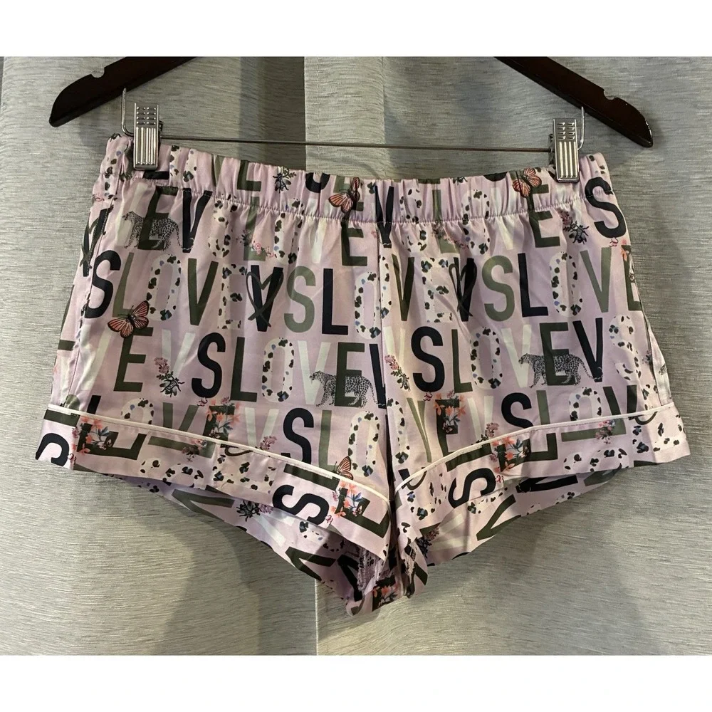 Victorias Secret Satin Pajama Set 2 Piece Love Logo Shorts Purple Lavender S